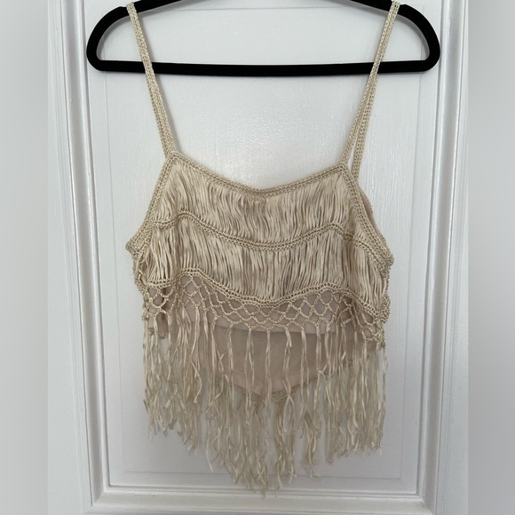 NWT Millau Crochet Cream Eclectic Unique Festival Bohemian Fringe Crop Tank Top - Picture 7 of 15